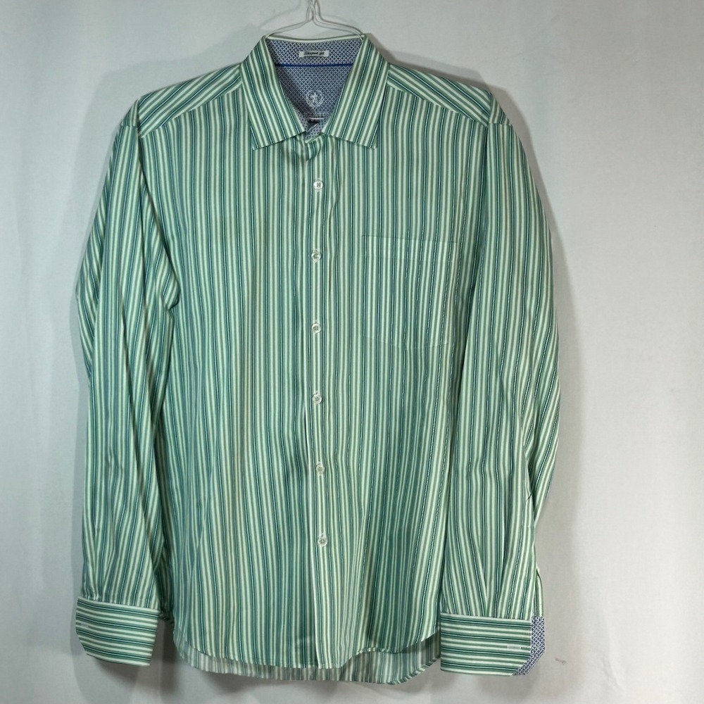 Bugatchi Shaped Fit Men's Long Sleeve Striped Dress Shirt Green White Blue Med.‎